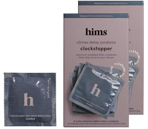 HIMS Clockstopper Climax Delay Condoms - Benzocaine 4.5% Desensitizing Lubricant - Textured, Fragrance-Free Latex Condoms for Men - Comfortable Fit - Individually Packaged, 16 Count