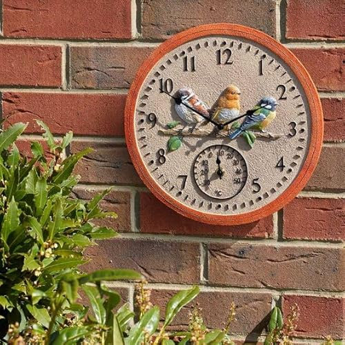 Garden Mile 30cm Bird Design Garden Clock and Thermometer Durable Quarts Clocks Outdoor Wall Ornament Decorative Wall Clock for Patio, Kitchen, Livingroom Décor