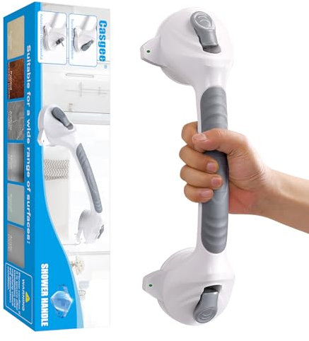 Casgee Maniglia per doccia senza fori, 38 cm maniglie per anziani, manico con ventosa fino a 110 kg, maniglia per vasca da bagno con allarme di aspirazione, maniglia portatile per doccia, WC, senza