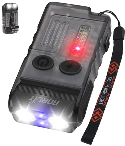 BORUIT V20 Mini Taschenlampen, 180° Drehbar Taschenlampe mit 365nm UV Licht, 110dB Buzzer Alarm, 1000 Lumen Super Hell mit 13 Modi, IP67 Wasserdicht, für Camping Wandern Notfa (schwarz)