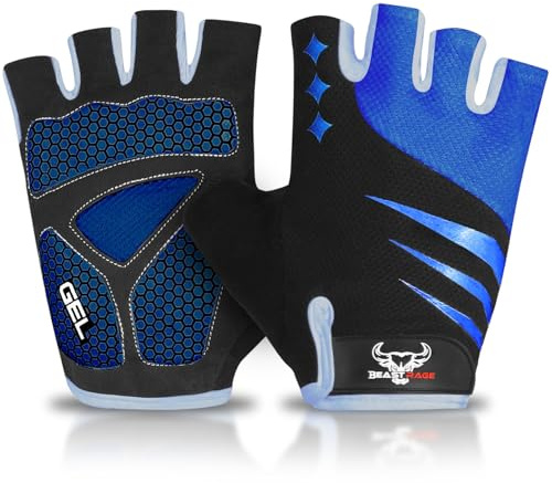 BEAST RAGE Guanti da ciclismo a mezze dita, per uomo e donna, con imbottitura in gel, antiscivolo, ammortizzanti, per sollevamento pesi, palestra, senza dita, traspiranti (Blu, M)