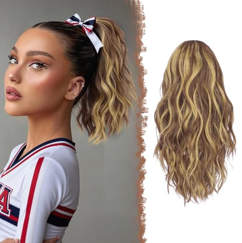FESHFEN Pferdeschwanz Haarteil mit Kordelzug, 30 cm Wellen Zopf Pferdeschwanz Verlängerung Haare Extension Synthetik Kurz Wellig Haarverlängerung Ponytail für Damen Frauen, Hellbraun & Blond