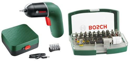Bosch Cordless Screwdriver IXO (6th Generation, Variable Speed Control, Rechargeable with Micro USB-Cable, in Storage case) + 32pc. Screwdriver Bit Set (PH-, PZ-, Hex-, T-, TH-, S-Bit, Accessories)