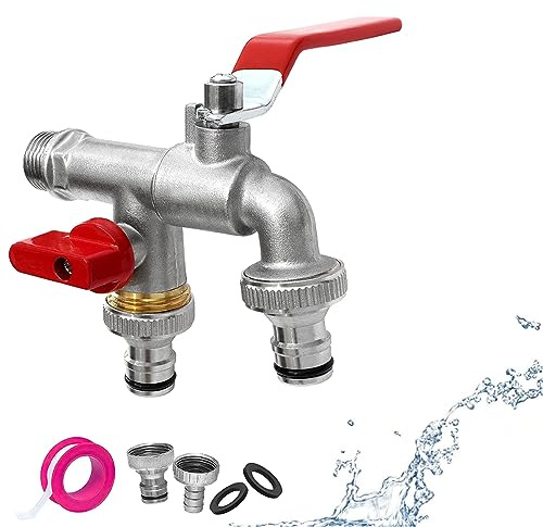 Brass Double Water Tap - 1/2 inch Outside Tap for Gardens Washing Machines | with Red Faucet and 2X3/4 inch Outlet Double Tap Ball Valve for Gardens Washing Machines Terraces Lawns