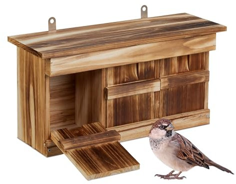 Relaxdays Nistkasten für Spatzen, 3 Brutkammern, Tannenholz, Einflugspalt HxB: 3 x 2 cm, Vogelhaus zum Aufhängen, braun
