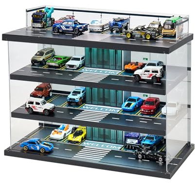 Display Case for Hot Wheels Garage & Matchbox Cars with LED Light, 1/64 Scale Diecast Toy Cars Garage, Storage Case for Hot Wheels, Parking Garage Diorama with 4 Levels Maximum 58 Cars
