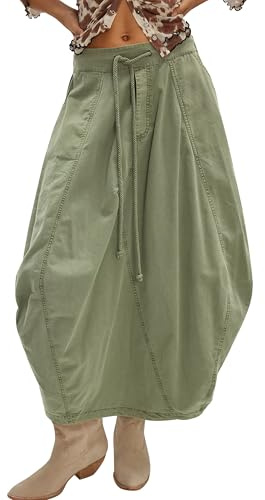 TERIVEEK Women Poplin Midi Skirt Baggy Drawstring Mid Rise Parachute Skirt Y2k Cargo Maxi Long Skirt with Pockets Streetwear, Army Green, L