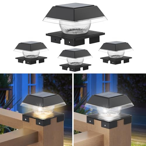 Solar Post Lights,Solar Post Cap Lights,Warm/Cool White 2 Modes | Square Fence Post Lights Solar Powered for 3.5x3.5 to 5.5x5.5 inch Wooden Posts Deck Cap Patio Garden Decoration-4 Packs