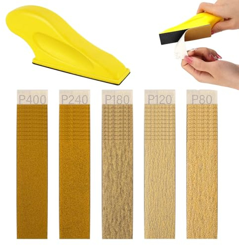 Micro Sander Kit with 50PCS Sand Paper, 90X 30mm Sandpaper Sheets | 80 to 400 Grit Wet Dry Detail Sandpaper, Finger Sander for Crafts Wood Finishing Metal Polishing(80/120/180/240/400)