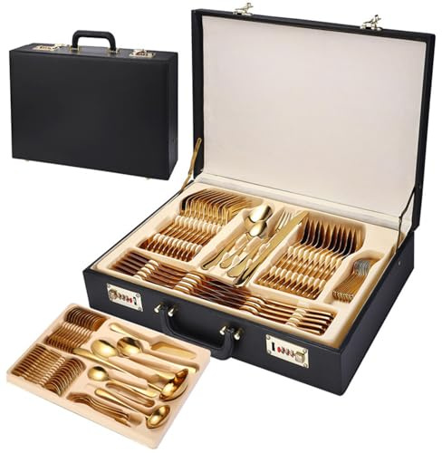 MiBoce 84-teiliges Edelstahl-Besteck-Set, Hochglanzpoliertes Besteck-Utensilien-Set Mit Koffer, Messer, Gabel Und Löffel Im Westlichen Stil, Für Hochzeit, Party, Hotels