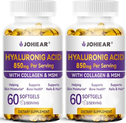 Johiear Hyaluronic Acid Supplements, 850mg High Bioavailable Dietary Hyaluronic Acid Capsules, Double Strength Skin Hydration, Eye Health, Hair & Nails Growth Support, 60 Softgels, 2 Pack