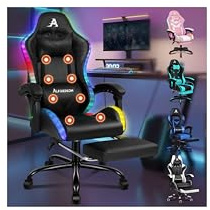 ALFORDSON Gaming-Stuhl Massage LED Gamer-Stühle, ergonomisch Schreibtischstuhl Bürostuhl 150° Neigung,360° Drehstuhl, einziehbarer Fußstütze, höhenverstellbar, 180 kg Tragkraft, PU-Leder,Schwarz