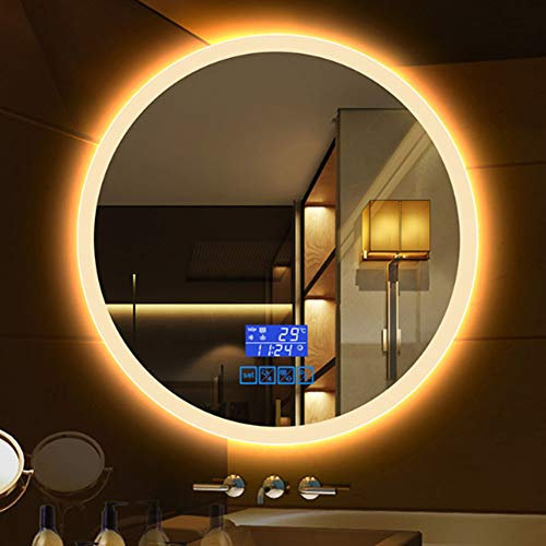 erkebspm Miroir, Grand Miroir de Salle de Bain Rond avec lumières LED et Bluetooth, Miroir Mural avec Interrupteur Tactile et désembueur pour vanité de Maquillage de Chambre de Fille (70 * 70cm)