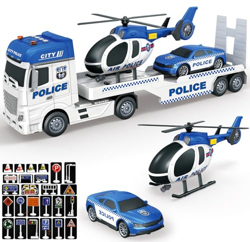 Yiwsnust Police Truck Toy 25.6 Large Semi Truck with Racing Car and Helicopter, Kids Police Car Toys with Light & Sound, Play Vehicles Cars Toys Birthday Gift for Toddler Boys Age 3 4 5 6