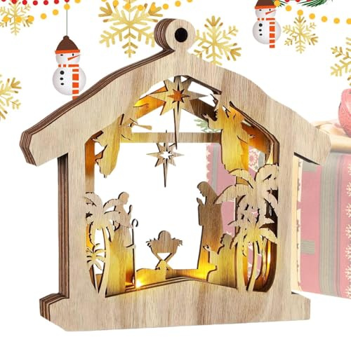 Scena della natività guidata - Statua per feste da tavolo, statua sacra | Interno con stalla in legno, set di scena di natività natalizia, pannelli natalizi in legno con luci a LED, centri