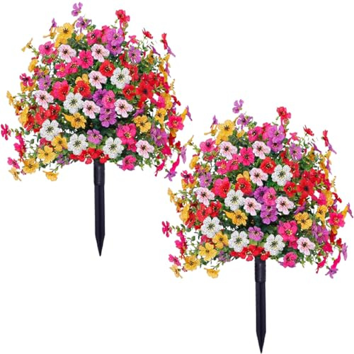 THKFUL Artificial c Trees Flower Ball Outdoor Set of 2, D15.8 UV Resistant Faux Boxwood Plants Flower Ball with Stake,Realistic Faux Shrubs Planter Filler for Front Cemetery Porch Garden