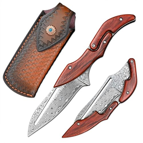 Generisch Damast-Klappmesser mit Holzgriff, Braunes Lederetui,Outdoor-Messer Multifunktionales Klappmesser, Camping-Messer