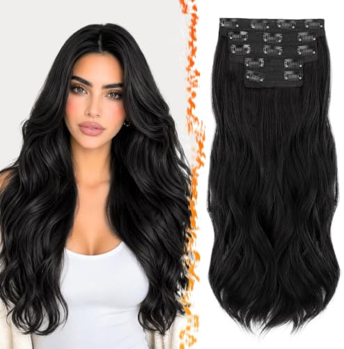 BARSDAR Nero Extension Capelli a Clip, 50cm Ondulati Clip in Estensioni di Capelli per Donna 5PCS Layered Hair Extensions Lace Sintetici Posticci Extensions - Nero Naturale