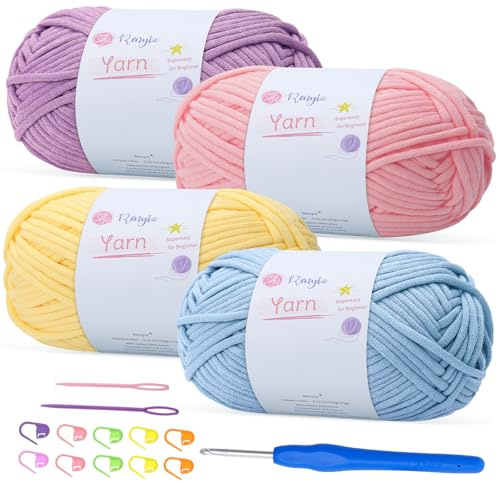 Renyiz 4er-Pack 100g grobes Baumwoll-Häkelgarn mit 4mm Häkelnadel, weiches, nicht reißendes dickes Garn für Amigurumi DIY-Geschenke, Wohndekor, Anfängerprojekte (Lila+Rosa+Gelb+Hellblau)
