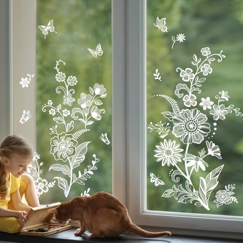 Tanlaby Fensterbilder Blumen Weiße Fensteraufkleber Selbstklebend Schmetterling Blumig Fensterdeko Frühling Sommer Elegante Fenstersticker für Fenster Glas Türen