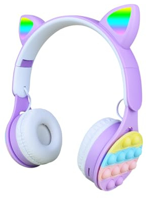 URIZONS Bluetooth Kopfhörer Rainbow Pop-On-It Kabellose Katzenohren - Wireless Kopfhorer mit LED-Beleuchtung, Faltbares TWS Stereo Headset (Leuchtende Ohren) Drahtlose Over-Ear Gaming-Ohrhörer-Lila