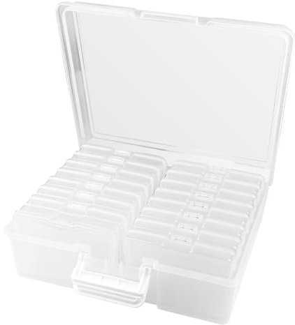 Nicrulp Caja de Almacenamiento de Fotos, Cajas de Fotos Transparentes, Organizador de Tarjetas, con 16 Compartimentos Interiores de Plástico, para Almacenar Fotos, Adornos, Cintas
