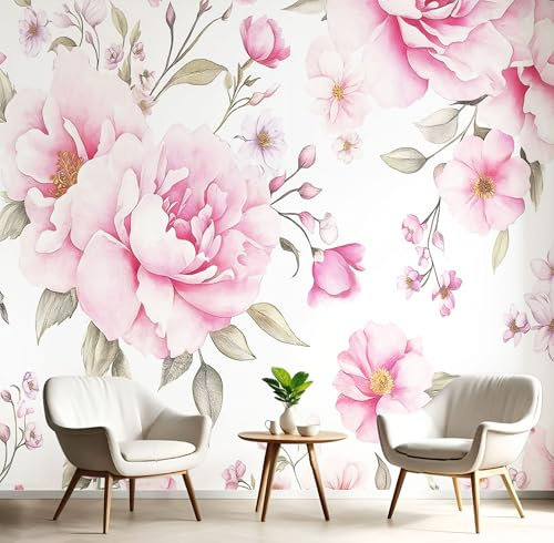 Panorama Carta Da Parati Murale Con Effetto 3D 300×210cm, Parati Murali Fotografica Acquerello Fiori, Murales Fotografici Fiori Foglie, Adesivo Da Parete Poster Decorativo