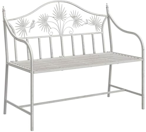 vidaXL Gartenbank Antik Weiß 104 x 52,5 x 89 cm Stahl | Fancyrücken mit Vogelmotiven, Solides, pulverbeschichtetes Metall, Platz für bis zu 3 Personen
