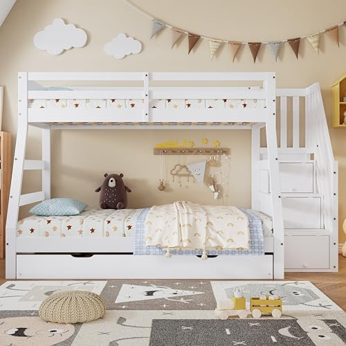 Letto a castello con letto pieghevole e armadio scaletta, lettino con corrimano, griglia di protezione contro le cadute su tutti i lati, pino + MDF, bianco, 90 x 190 cm, letto arrotolabile, 90/120 x