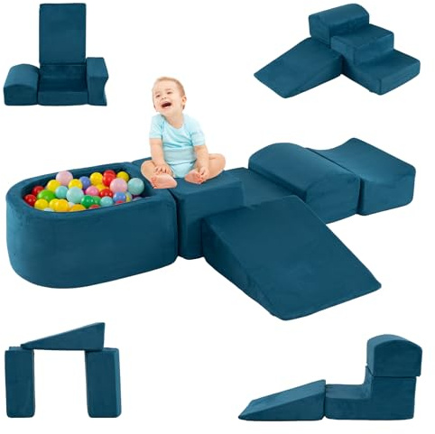 DREAMADE Parcours de motricité Bébé 5PCS avec Housse Lavable, Blocs de Construction avec Piscine à Balles, Module Motricité pour Enfant 3+ Ans, sans Balles (Bleu Turquoise)