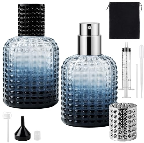 Maxumille 2PCS 50ml Gradient Blue Perfume Atomiser Refillable, Glass Perfume Spray Bottles with Carrying Case for Traveling, Empty Portable Atomiser Refill Spray Bottle Man Woman (2x Gradient Blue)