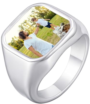 TempBeau Herren Siegelring Personalisierbar mit Farbbild - Edelstahl Ring Gravur Individuell für Männer Jungen, Silber Personalized Fotogravur mit Runde/Eckige Platte
