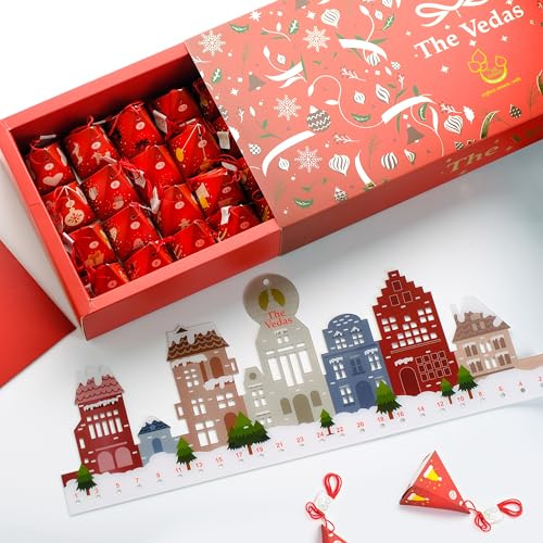 The Vedas Advent Calendar Tea Gift Set 2025 | 24 Unique Flavours | Top christmas gifts for men/women | Luxury christmas scenary frame with hanging pyramids