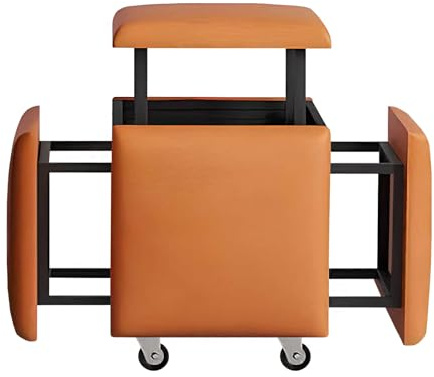 5-i-1 stapelbar läderpall med svängbara hjul, rörligt fotstöd och hopfällbar kubbänk för vardagsrum och sovrum, orange 43x43x43