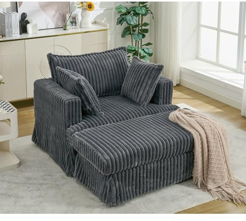47.7 Oversized Corduroy Chaise Longue with Movable Ottoman, Deep Seat Reclining Lounge Chair Sofa, Thick Upholstered Pad, Square Arms, 1-Seater Modern Sofa for Living Room, Office (Dark Gray)