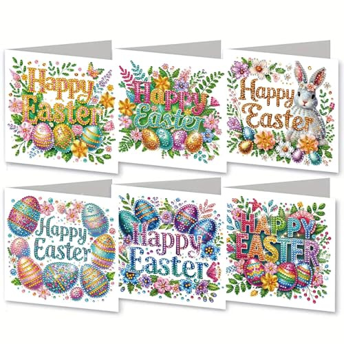 Lebartm 6Pcs DIY Folding Greeting Card Easter Diamond Art Painting Creative Design Foldable Thank You Cards Blessing Greeting Card Set for Holiday Crafts Gift-Easter Font