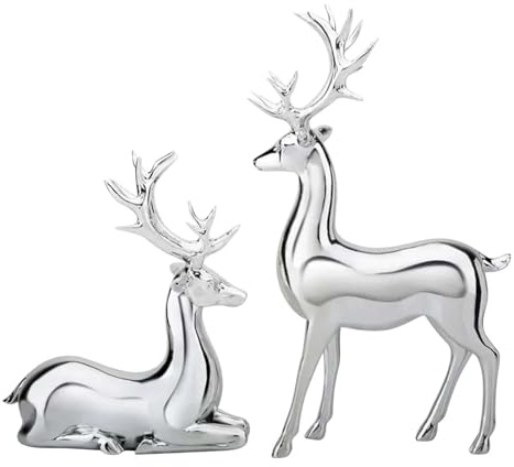 2Pcs Reindeer Christmas Decorations, A Pair of Reindeer Figurines- Shiny Electroplated Metal Surface, Non-Fading, Christmas Deer Ornaments for Living Room,Bedroom,Bookshelf,Desktop (Silver)