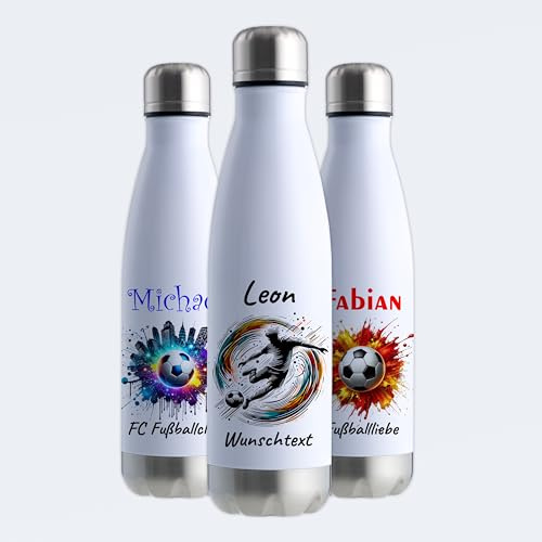 Gravur-Max Trinkflasche Edelstahl 500 ml personalisiert - verschiedene Motive Fußball – doppelwandige Thermosflasche hält 13 h warm & 24 h kalt – BPA-frei & mit Wunschnamen bedruckt – weiß/silber