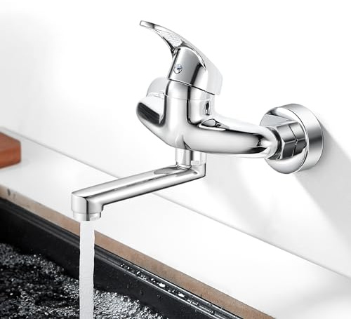 Wasserhahn Küche Wandmontage, 360° Drehbar, Schwenkarm 150mm | Wasserhahn Mischbatterie Küche Wandarmatur, Einhebelmischer, Warmes und Kaltes Wasser, Verchromt