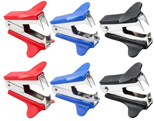 Mini Heftklammerentferner 6 Stück, Entklammerer Klammerentferner Enthefter, Metall-Kunststoff Tacker Entferner mit Extra Breitem Fingergriff, Für Bücher, Zeitungen, Verpackungspapier, Rot/Schwarz/Blau