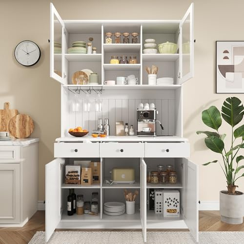 LAKFEW Armario Cocina Alacena de Cocina con Enchufe y USB, Aparador Cocina con 5 Puertas y 3 Cajones, Aparadores Mueble Auxiliar con Portavaso y Estante Ajustable, 120x40x191 cm, Blanco