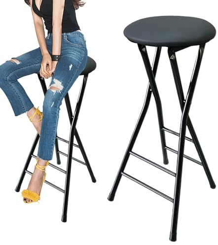 Sgabello da Bar Pieghevole Senza Schienale con Poggiapiedi, Sgabello Rotondo Imbottito Pieghevole Resistente con Capacità Di 136 Kg, Altezza 70/80 cm(Zwart,80cm/32inch)