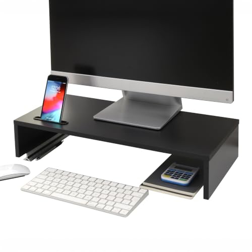 Ttap Black Wooden Monitor Single Shelf Stand Computer Laptop TV Screen Riser Desk Organiser 54cm L x 24.5cm D x 10.4cm H (with Smartphone Holder)