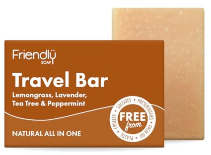Friendly Soap - Travel Bar, Lemongrass, Lavender, Tea Tree & Peppermint (95g), All-In-One, Plant-Based, Cruelty-Free, Made By Hand, No Preservatives or Sulphates, Sustainable