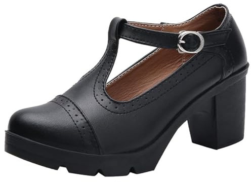 DADAWEN Women's Mid Heel Court Shoes T-Strap Mary Jane Platform Oxfords Dress Shoe Black 6 UK