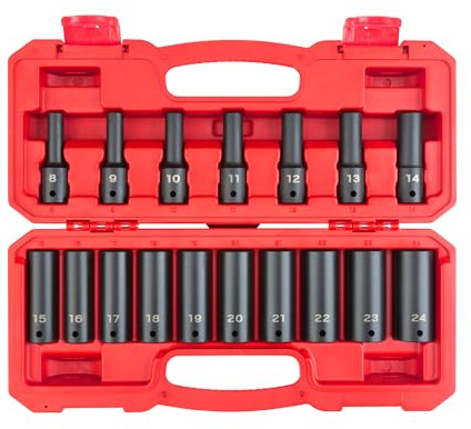 TEKTON SID92329 - Juego de llaves de vaso de impacto profundo de 6 puntos de 1/2 pulgada, 17 piezas (8-24 mm) | (8 - 24 mm), profundo, 6 puntos, funda