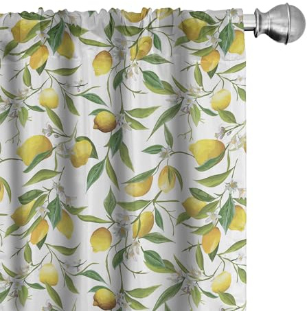 ABAKUHAUS Natur Vorhänge, Gardinen, Lemon Woody Romantic, Fensterbehandlungen für Wohnzimmer Schlafzimmer Dekor, 2 Stück 75 cm b x 175 cm h,Grün Weiß Gelb