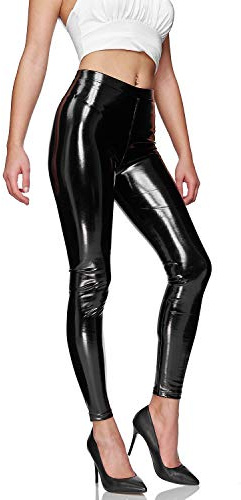 Glamexx24 Dam konstläder hög midja leggings skinny byxor läderutseende treggings, svart, XL (Smal)