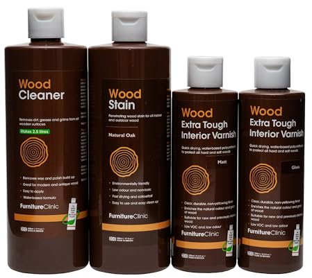 Wood Stain Kit (Teak) - Used to Clean, Prepare, Stain & Finish All Wooden Surfaces Such as Furniture, Worktops & Doors. Contains 500ml Wood Cleaner, 500ml Wood Stain, 250ml Wood Varnish & More.