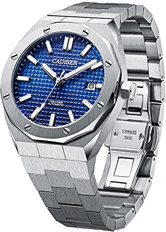 CADISEN Montre automatique pour homme avec verre saphir étanche à 100 m, Grille bleue., 42MM, Bracelet